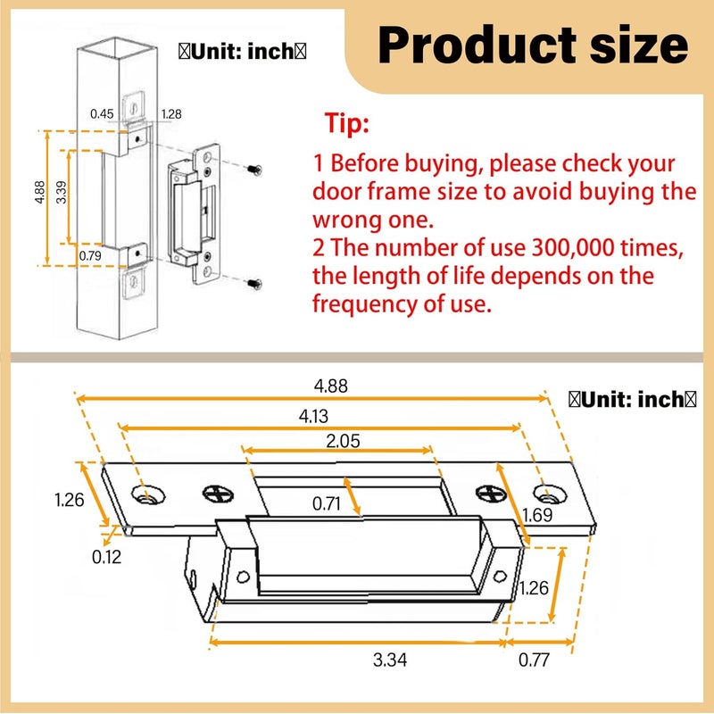 Pulaim Heavy Duty Electric Door Strike Lock，ANSI Standard Fail-Secure/Fail-Safe Electric Strike Lock for Door Access Control System,Cylindrical or Mortise Installation (Input Voltage 12VDC) - Image 4